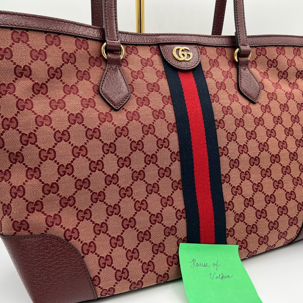 New Authentic Gucci Supreme Ophidia Tote Medium Burgundy GG Web Canvas/Leather